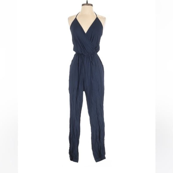 NWT Lulus Navy Blue Learning To Fly Halter Surplice Jumpsuit - Picture 2 of 5